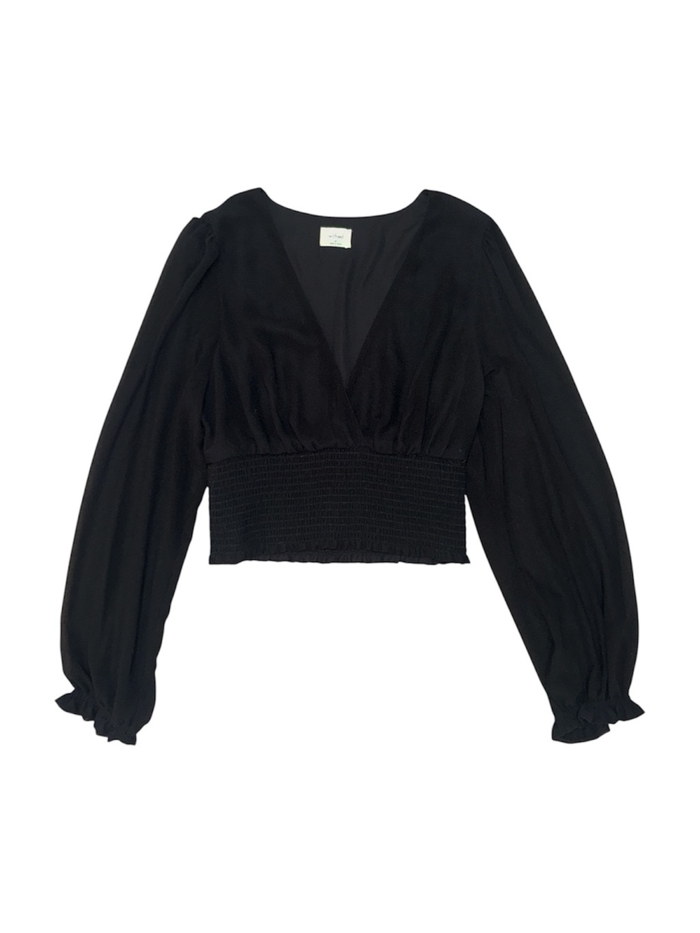 Wilfred Aritzia Wistful Blouse Black Size M Smocked V Neck Sheer Sleeve